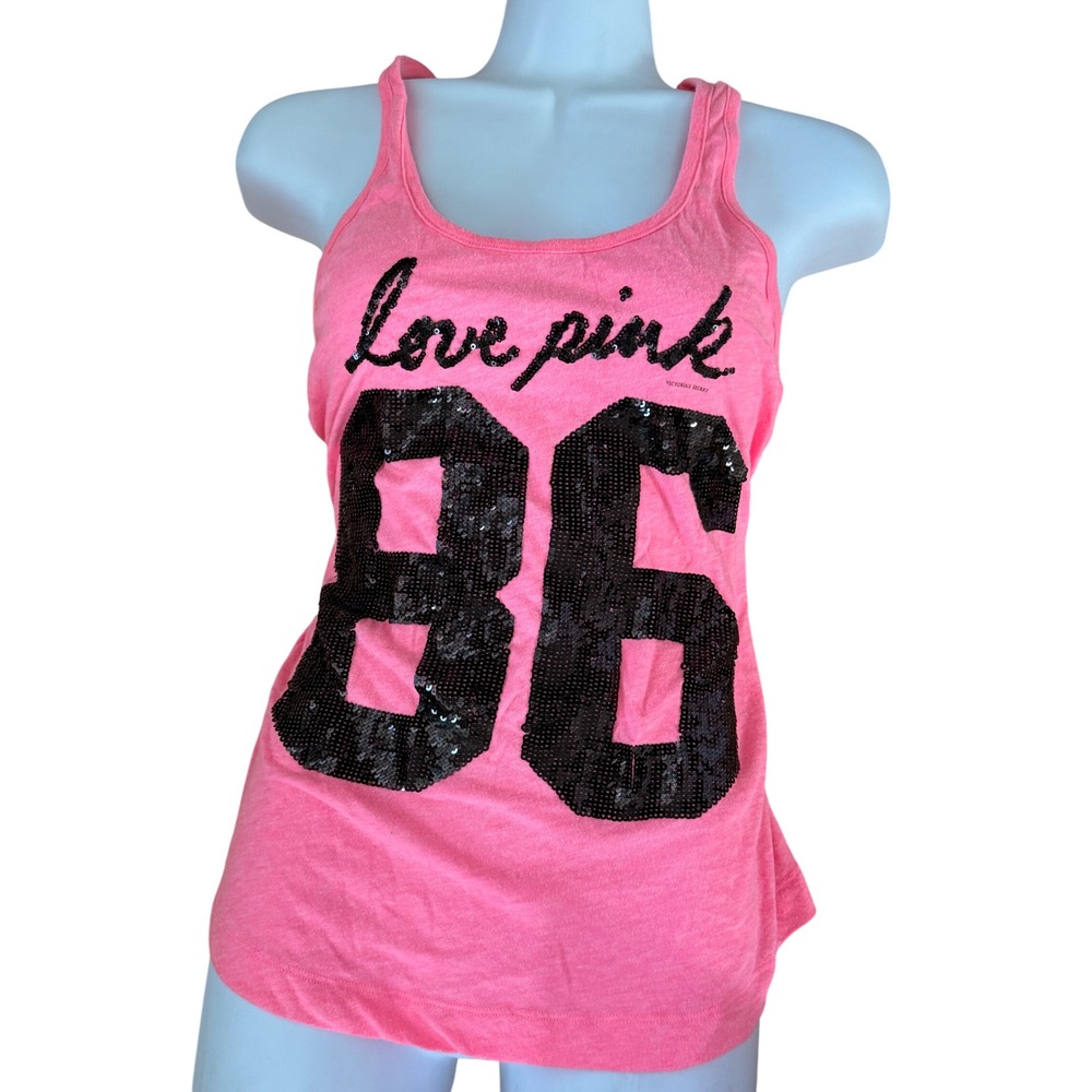 Y2K 2000s Victorias Secret PINK Sequin Racerback Tank Top Pink Black - Picture 2 of 6